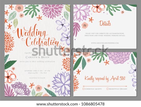Invitation and universal card design set with floral wreath. Wedding templates. Good for birthday, menu, bridal and baby shower. Vector illustration.