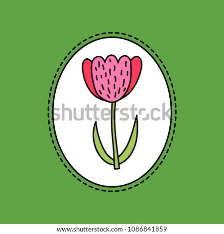 Hand drawn illustration of tulip flower. Illustration in round frame