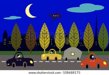 City scene with cars at night