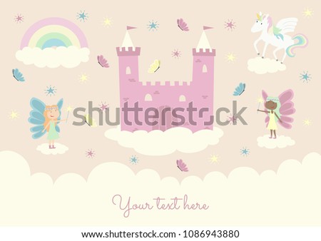 Cute girl template babies children birthday greeting card invitation. Pink castle fantasy fairyland fairy princess unicorn rainbow butterflies. Royalty-Free Stock Photo #1086943880