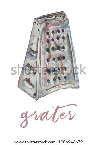 Watercolor grater on a white background. Isolated kitchen item with highlights. Handmade.