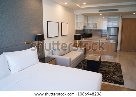 Comfortable studio apartment design. Hotel room interior with bedroom area, living space and kitchen corner. Apartment and interior concept