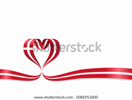 Danish flag heart-shaped wavy ribbon. Vector illustration.