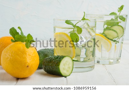 Infused water detoxification with cucumber, lemon and mint in the glass on a white table. Diet, healthy diet, the concept of weight loss. Royalty-Free Stock Photo #1086959156