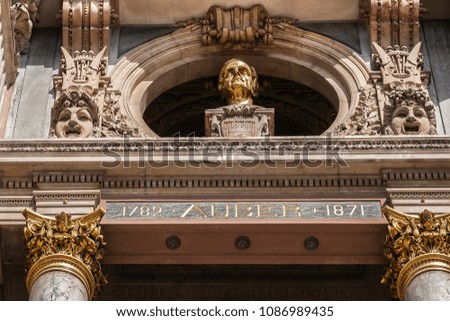 Architectural details of Neo-baroque building of Grand Opera in Paris (Garnier Palace). Grand Opera is UNESCO World Heritage Site. Paris, France.