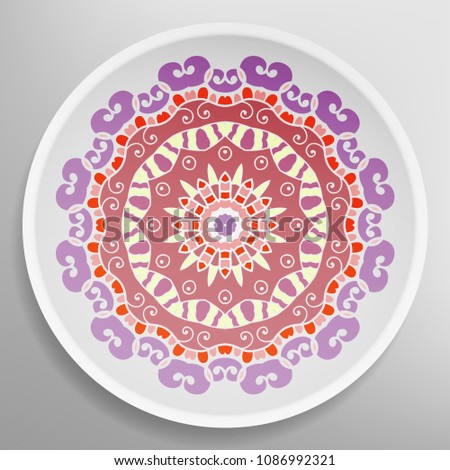 Decorative plate with round ornament in ethnic style. Mandala circular abstract floral pattern. Fashion background with ornate dish. Vector illustration