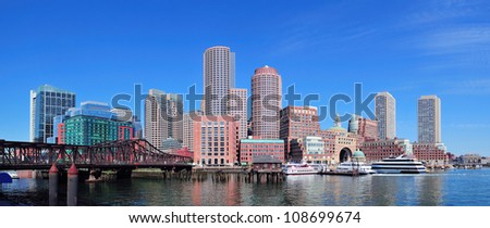 Boston waterfront panorama with skyscrapers and bridge in the morning.