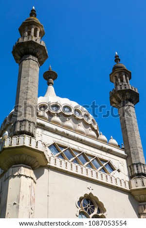 A detail of the architecture of the historic Royal Pavilion, located in the city of Brighton in Sussex, UK.  It is built in the Indo-Saracenic style.  