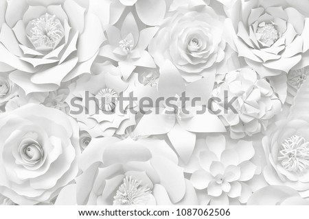 Different white hand made paper flower decorative wedding background

