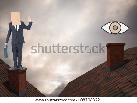 Eye icon and Businessman standing on Roofs with chimney and cardboard box on his head and dramatic l
