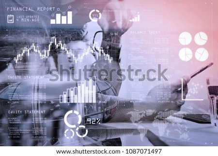 Financial report data of business operations (balance sheet and  income statement and diagram) as Fintech concept.Double exposure of businessman hand using mobile payments online shopping.
