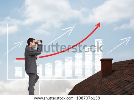Businessman on ladder with binoculars over roof and incremented bar chart