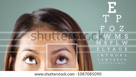 Woman with eye focus box detail and lines and Eye test interface