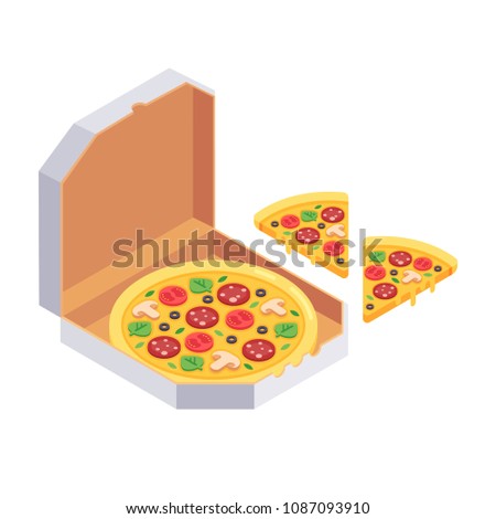 Pizza slices. Isometric open carton packaging box with tasty hot pizza. Vector 3d illustration isolated on white background