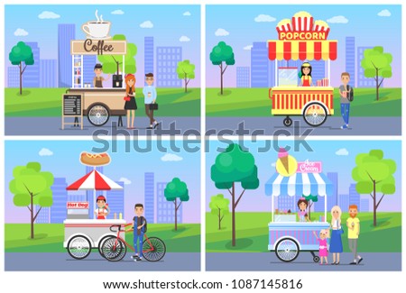 Coffee popcorn hot dog ice-cream stalls city set with buildings and mini-shops, sellers buyers collection in park isolated vector illustration outdoors