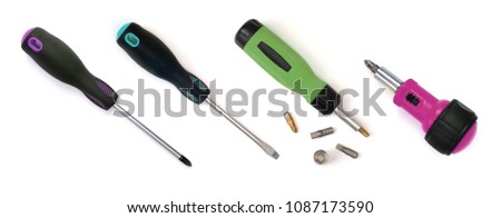 Hand tools for repair and installation: screwdriver on white background