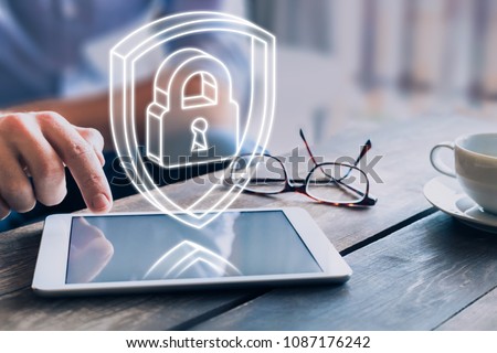 Cyber security on internet concept with 3d padlock and shield, protect personal data and privacy from cyberattack and hacker, secure access on digital tablet computer Royalty-Free Stock Photo #1087176242
