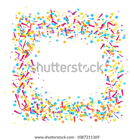 Square frame with geometric elements on white background. Pattern with confetti. Texture for design. Print for banners, posters, t-shirts and textiles. Greeting cards