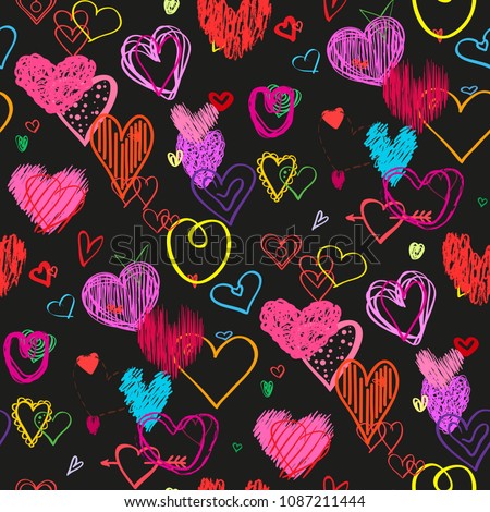 Colorful hearts on isolation black background. Seamless background with multicolored love signs. Colored wallpaper. Hand drawn many big and small symbols