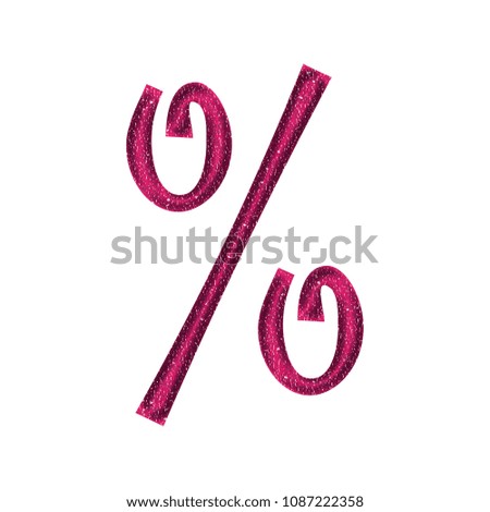 Textured pink plastic percent sign or percentage mark symbol in a 3D illustration with a sparkling shiny texture in a bright pink color and fun curly font isolated on white with clipping path