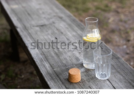 A bottle of water with lemon and a glass. A bench on which a refreshing drink is placed. Season of the spring.
