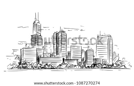 Vector artistic sketchy pen and ink drawing illustration of generic city high rise cityscape landscape with skyscraper buildings. Royalty-Free Stock Photo #1087270274