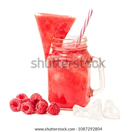 bright red watermelon smoothie with a sipping straw isolated on white background