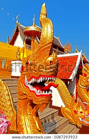 Traditional Thai style Naga statue in Thai temple