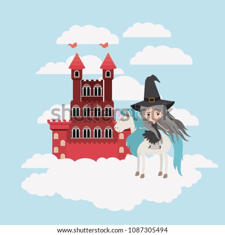 witch with unicorn in the clouds and castle
