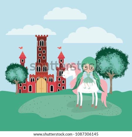 fairy with unicorn in the camp and castle