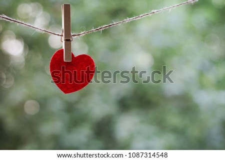 A souvenir in the shape of a heart hanging on the clothespin on blurred green background.