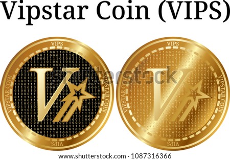 Set of physical golden coin Vipstar Coin (VIPS), digital cryptocurrency. Vipstar Coin (VIPS) icon set. Vector illustration isolated on white background.