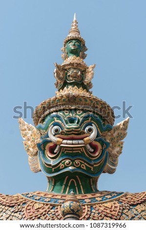 Daemon guardian of the temple of wat phra kaew in Bangkok. Cultural heritage of Thailand.