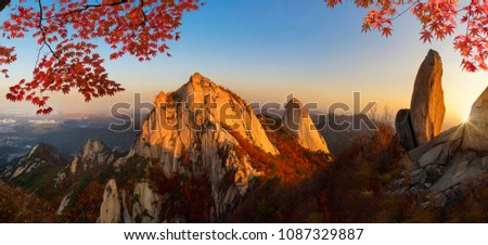 Sunrise in Autumn at Bukhansan National Park  Seoul  South Korea  Royalty-Free Stock Photo #1087329887