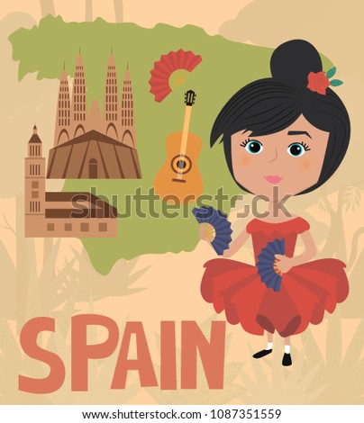 Illustrated map of Spain and girl in national costume. Editable vector illustration