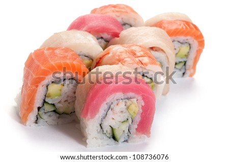 Uramaki. Rainbow. Salmon, tuna, grouper, yellowtail, tiger prawns, crab meat, cucumber and avocado. On a white background.