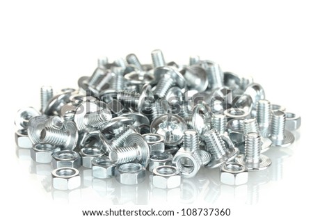 Chrome nuts and bolts on white background close-up