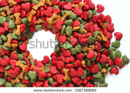 Dog dry food in circle shape on white background in the center, Can use for pet food  background, pet product design.