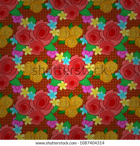 Vector illustration. Bright beautiful rose flowers and green leaves seamless background. Abstract cute floral print in yellow, pink and orange colors.