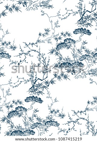 japanese chinese design sketch ink paint style seamless pattern bamboo blossom peach pine Royalty-Free Stock Photo #1087415219