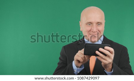 Happy Businessman Image Reading Mobile Phone Good Financial News 