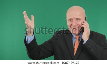 Confident Businessman Image Talking Cell Phone Good Financial News Gesturing Happy Make Good Job Victory Hand Sign
