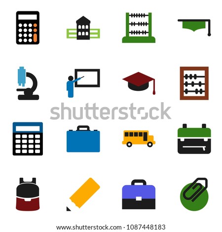 solid vector ixon set - graduate hat vector, pencil, school building, blackboard, case, backpack, bus, abacus, calculator, microscope, attachment