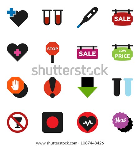 solid vector ixon set - arrow down vector, heart pulse, no alcohol sign, cross, attention, rec button, thermometer, vial, stop, sale signboard, low price, new
