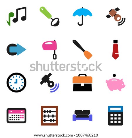 solid vector ixon set - spatula vector, ladle, mixer, abacus, music, piggy bank, case, clock, tie, calendar, umbrella, satellitie, arrow, cushioned furniture, calculator