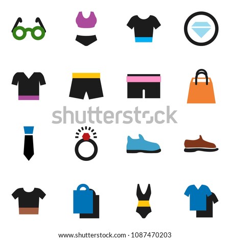 solid vector ixon set - glasses vector, tie, snickers, shorts, swimsuite, t shirt, shopping bag, diamond ring, clothes