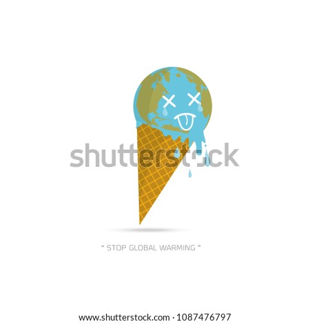 Earth Cream Cone Save The Planet Poster Concept. Stop global warming. cartoon character of Planet earth  on white background vector illustration.