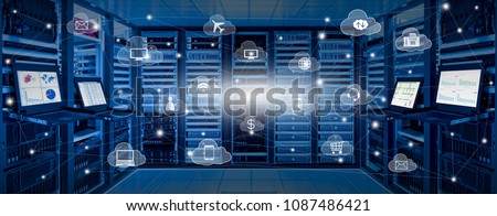 Internet data center room with server and networking device on rack cabinet and kvm monitor with charts on screen and cloud services icon with connection lines, cloud computing concept Royalty-Free Stock Photo #1087486421