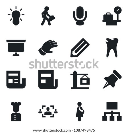 Set of vector isolated black icon - luggage scales vector, presentation board, pencil, glove, caries, pregnancy, microphone, paper pin, news, hr, manager, crane, cook, bulb, hierarchy