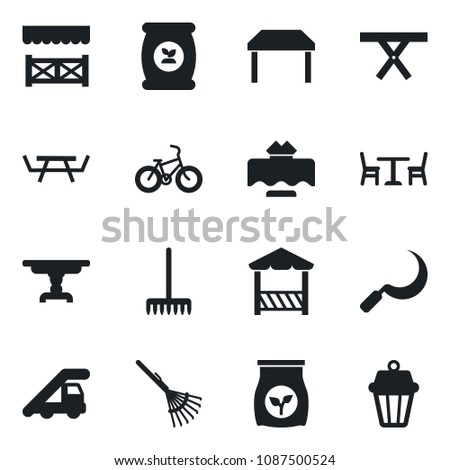 Set of vector isolated black icon - cafe vector, ladder car, rake, sickle, picnic table, fertilizer, bike, restaurant, alcove, outdoor lamp